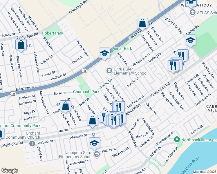 map of restaurants, bars, coffee shops, grocery stores, and more near 748 Ann Arbor Avenue in Ventura