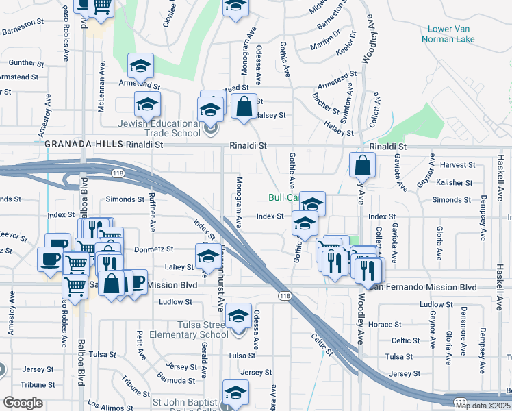 map of restaurants, bars, coffee shops, grocery stores, and more near 16500 Simonds Street in Los Angeles