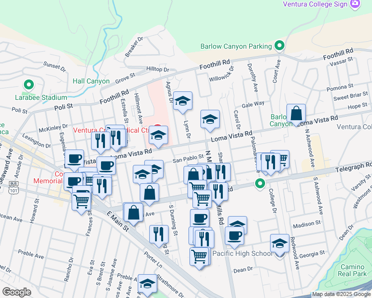 map of restaurants, bars, coffee shops, grocery stores, and more near 203 Lynn Drive in Ventura