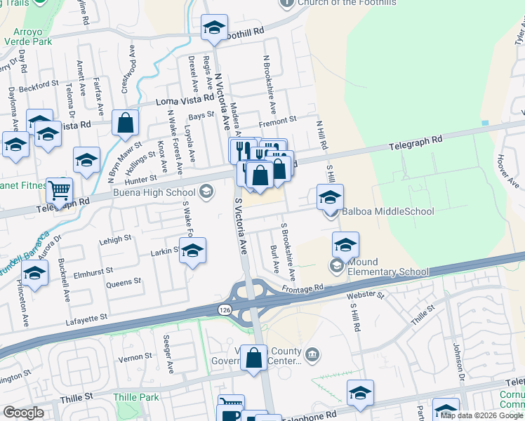map of restaurants, bars, coffee shops, grocery stores, and more near 6040 Telegraph Road in Ventura