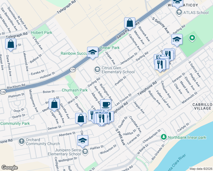map of restaurants, bars, coffee shops, grocery stores, and more near 813 Utica Avenue in Ventura