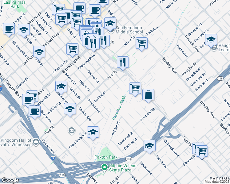 map of restaurants, bars, coffee shops, grocery stores, and more near 13952 La Rue Street in San Fernando