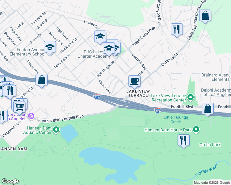 map of restaurants, bars, coffee shops, grocery stores, and more near 11465 Sunburst Street in Los Angeles