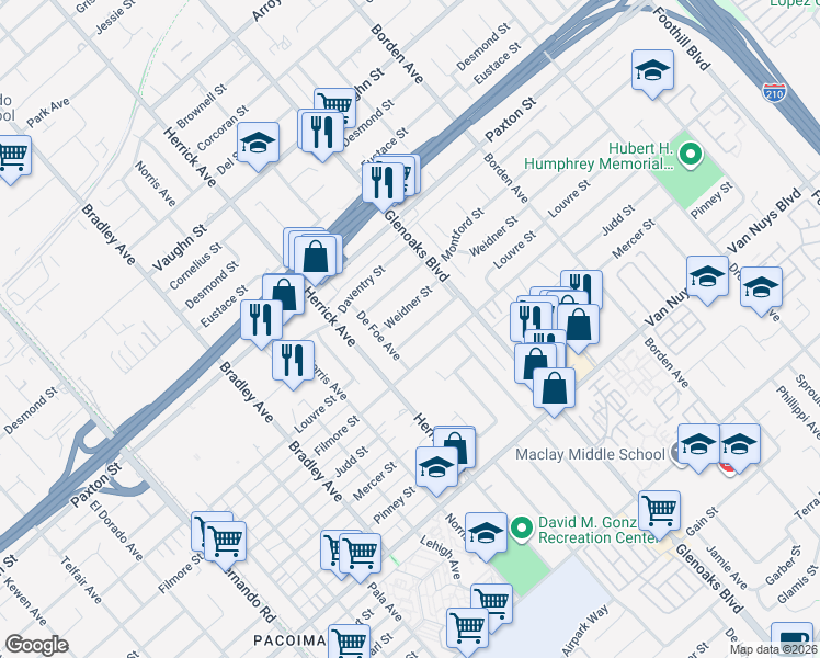 map of restaurants, bars, coffee shops, grocery stores, and more near 13063 Louvre Street in Los Angeles