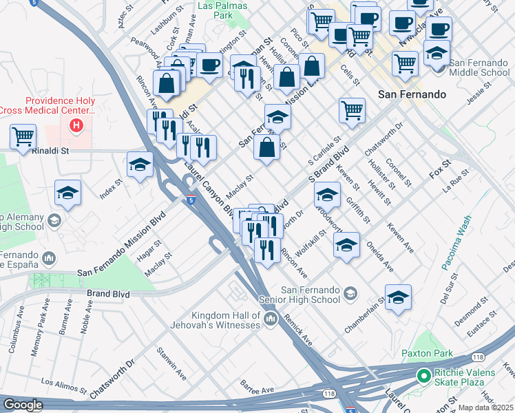 map of restaurants, bars, coffee shops, grocery stores, and more near 11327 Acala Avenue in San Fernando