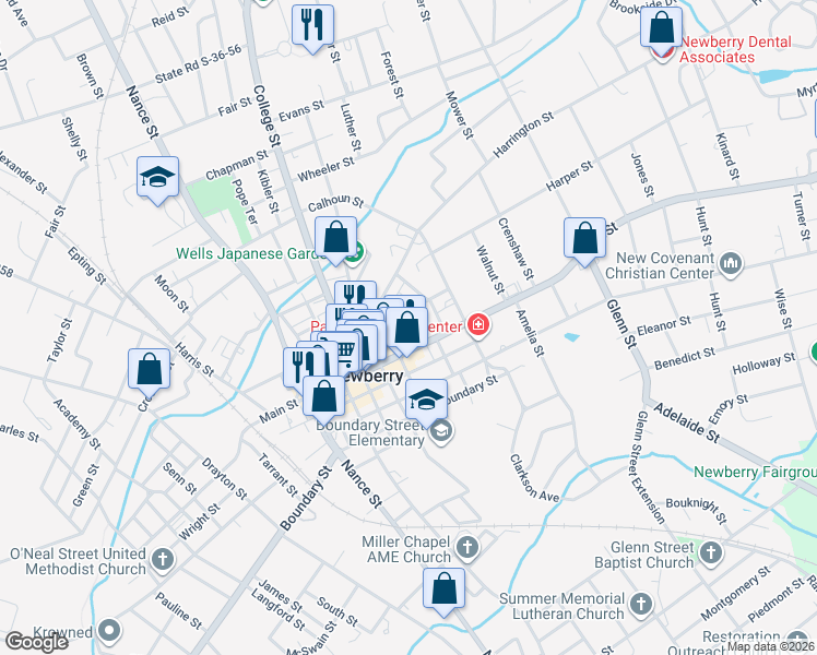 map of restaurants, bars, coffee shops, grocery stores, and more near 1524 Martin Street in Newberry