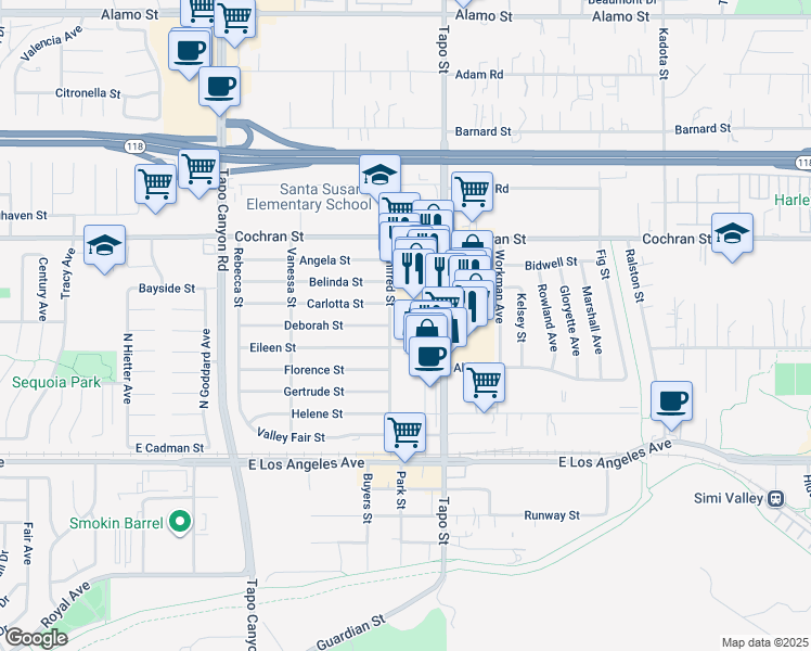 map of restaurants, bars, coffee shops, grocery stores, and more near 2239 Rolling River Lane in Simi Valley