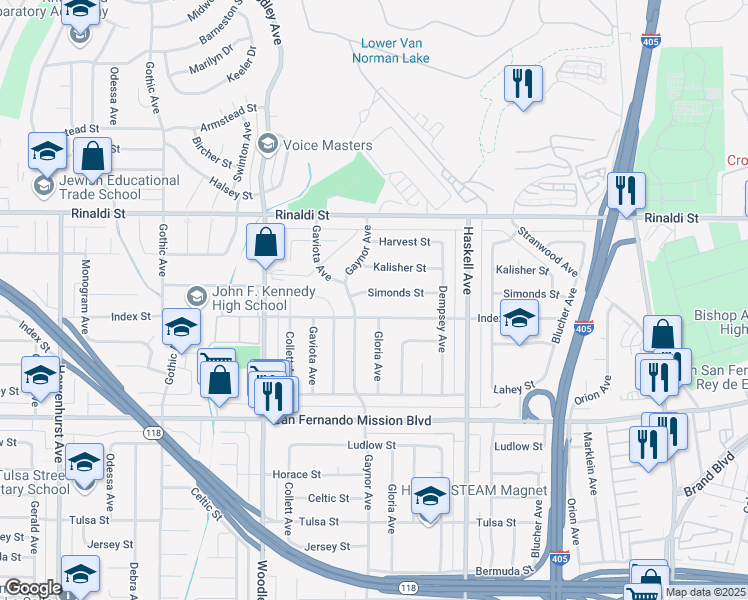 map of restaurants, bars, coffee shops, grocery stores, and more near 15952 Simonds Street in Los Angeles