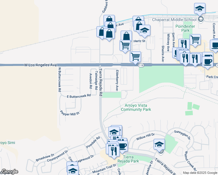 map of restaurants, bars, coffee shops, grocery stores, and more near 4766 Justin Court in Moorpark