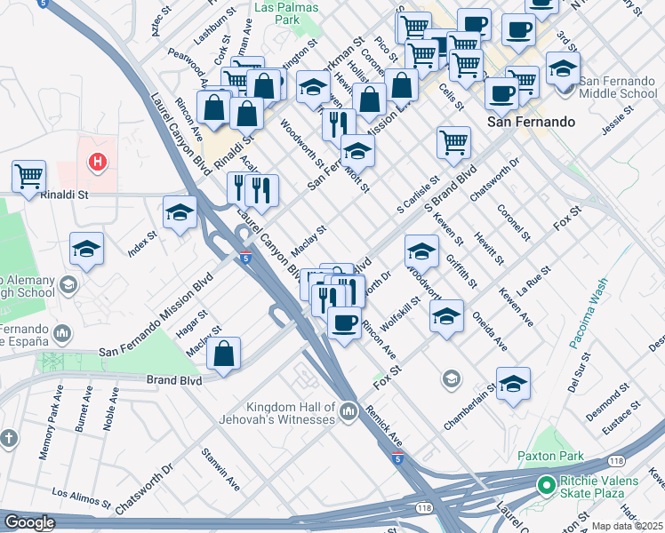 map of restaurants, bars, coffee shops, grocery stores, and more near 11327 Acala Avenue in San Fernando