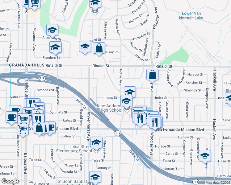 map of restaurants, bars, coffee shops, grocery stores, and more near 16422 Simonds Street in Los Angeles