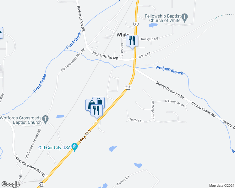 map of restaurants, bars, coffee shops, grocery stores, and more near 208 Whispering Pine Circle in White