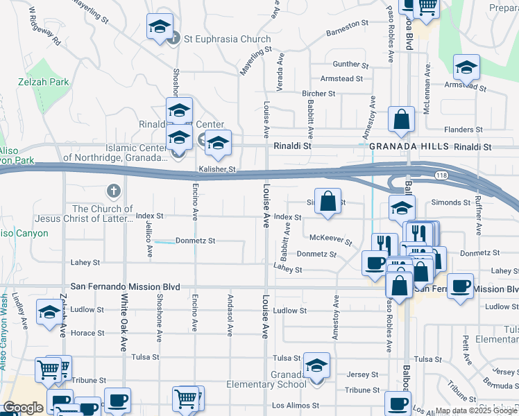 map of restaurants, bars, coffee shops, grocery stores, and more near 11319 Louise Avenue in Los Angeles