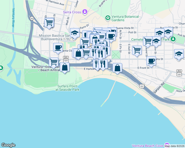 map of restaurants, bars, coffee shops, grocery stores, and more near 350 Paseo De Playa in Ventura