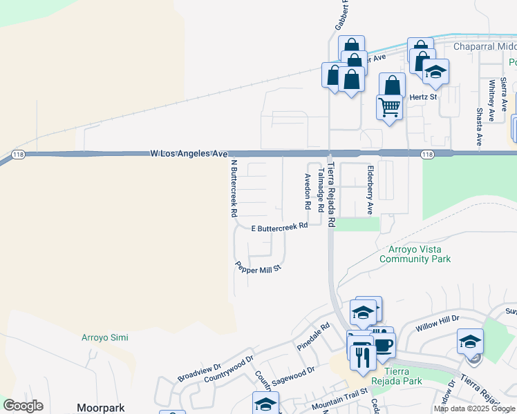 map of restaurants, bars, coffee shops, grocery stores, and more near 11556 Coralberry Court in Moorpark