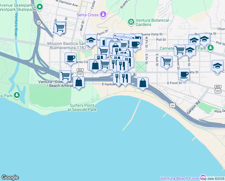 map of restaurants, bars, coffee shops, grocery stores, and more near 350 Paseo De Playa in Ventura