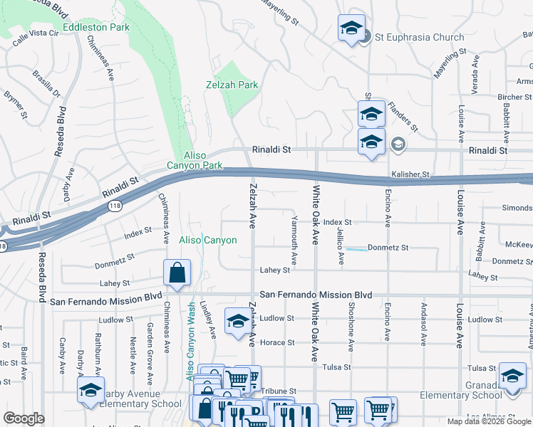 map of restaurants, bars, coffee shops, grocery stores, and more near 17828 Simonds Street in Los Angeles
