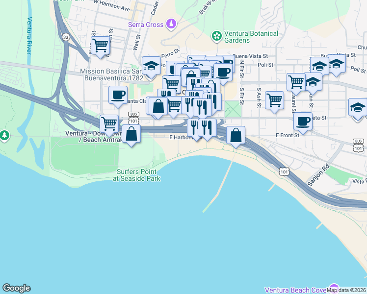 map of restaurants, bars, coffee shops, grocery stores, and more near 350 Paseo De Playa in Ventura