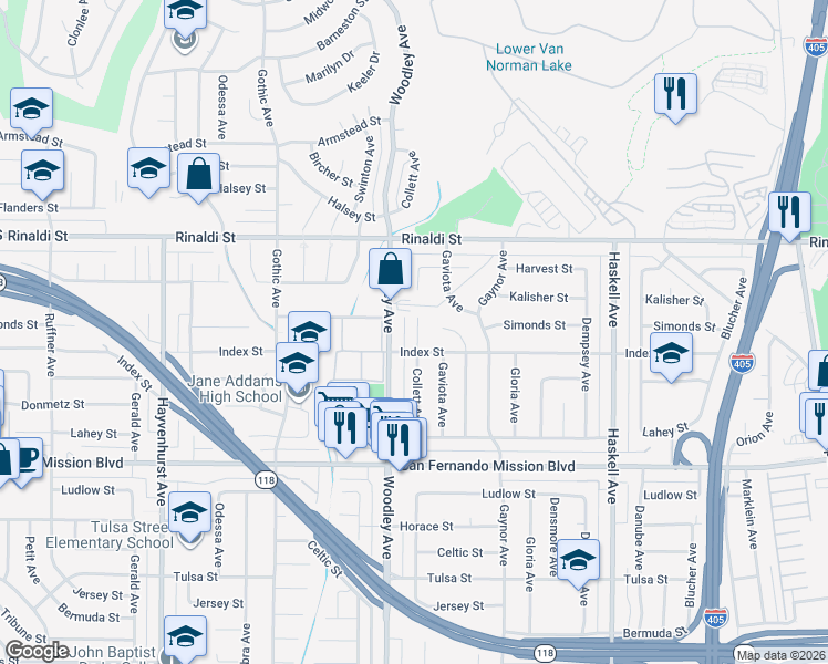 map of restaurants, bars, coffee shops, grocery stores, and more near 11321 Collett Avenue in Los Angeles