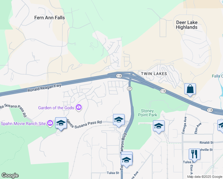 map of restaurants, bars, coffee shops, grocery stores, and more near 11401 California 27 in Los Angeles