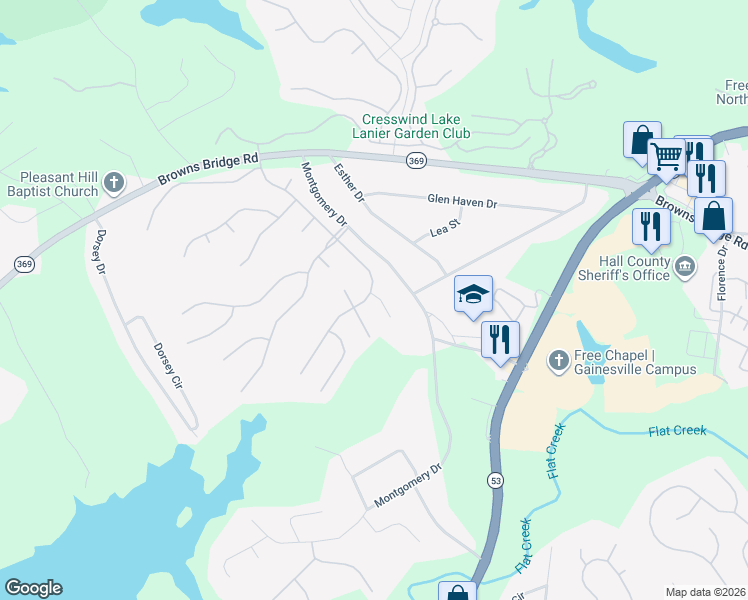 map of restaurants, bars, coffee shops, grocery stores, and more near 3663 Cresswind Parkway Southwest in Gainesville