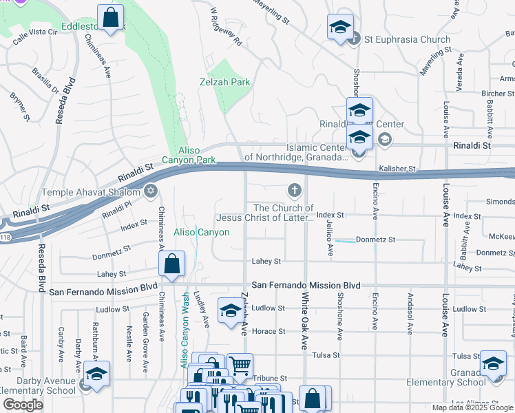 map of restaurants, bars, coffee shops, grocery stores, and more near 17828 Simonds Street in Los Angeles