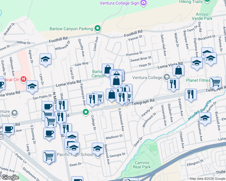 map of restaurants, bars, coffee shops, grocery stores, and more near 99 North Ashwood Avenue in Ventura