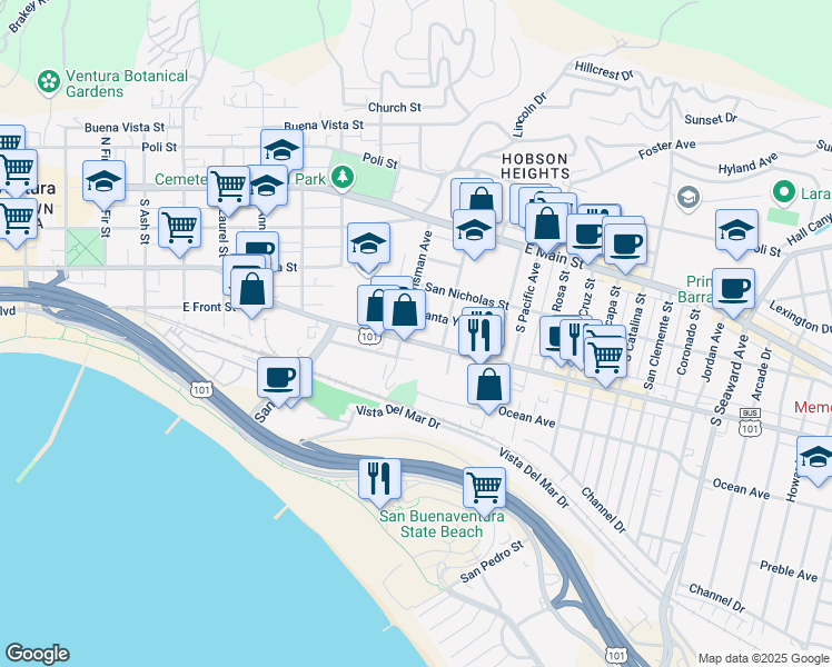 map of restaurants, bars, coffee shops, grocery stores, and more near 276 Chrisman Avenue in Ventura