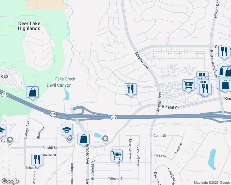 map of restaurants, bars, coffee shops, grocery stores, and more near 20743 Vercelli Way in Los Angeles