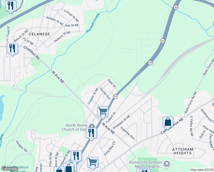 map of restaurants, bars, coffee shops, grocery stores, and more near 104 Earl Lane in Rome