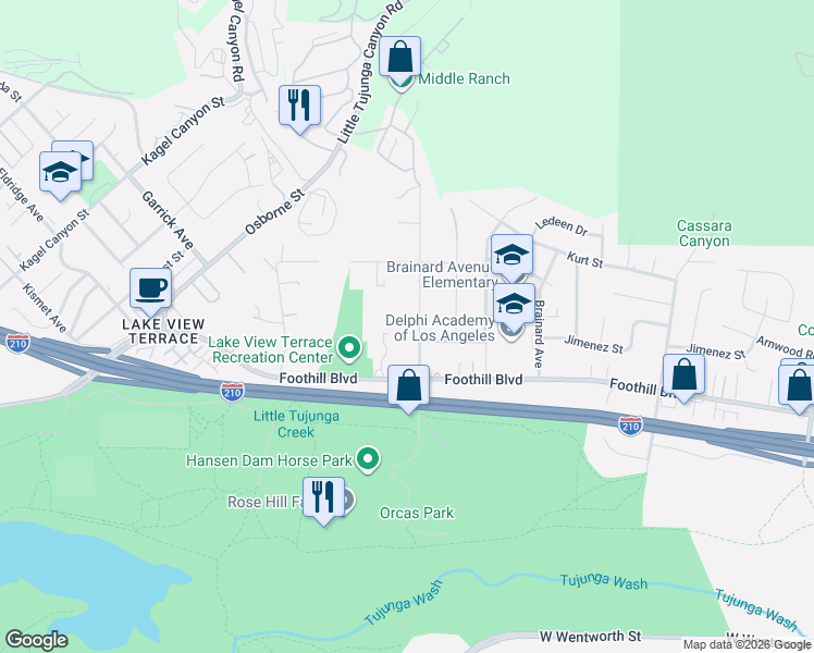 map of restaurants, bars, coffee shops, grocery stores, and more near 10937 Foothill Boulevard in Los Angeles
