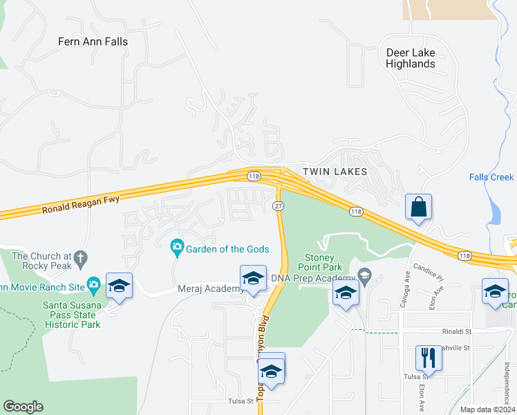 map of restaurants, bars, coffee shops, grocery stores, and more near 11401 Topanga Canyon Boulevard in Los Angeles