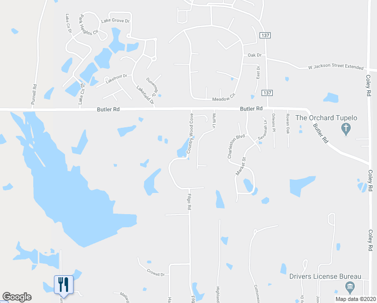 map of restaurants, bars, coffee shops, grocery stores, and more near 1493 Country Wood Cove in Tupelo