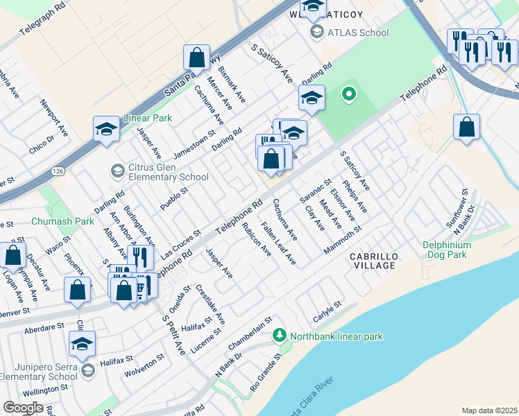 map of restaurants, bars, coffee shops, grocery stores, and more near 10163 Erie Street in Ventura