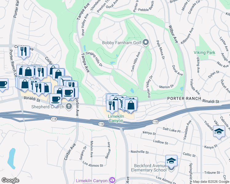 map of restaurants, bars, coffee shops, grocery stores, and more near 11321 Quail Creek Road in Los Angeles