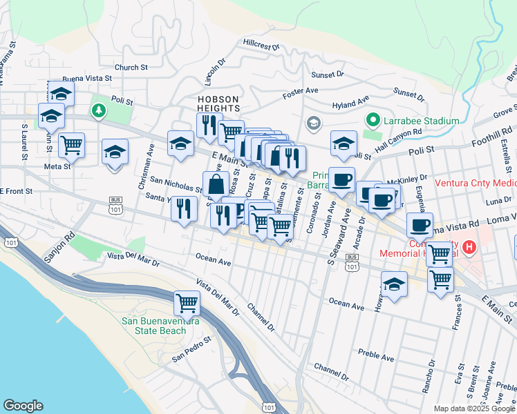 map of restaurants, bars, coffee shops, grocery stores, and more near 149 Anacapa Street in Ventura