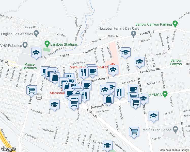 map of restaurants, bars, coffee shops, grocery stores, and more near 230 North Dos Caminos Avenue in Ventura