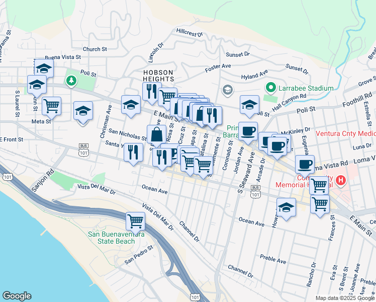 map of restaurants, bars, coffee shops, grocery stores, and more near 149 Anacapa Street in Ventura