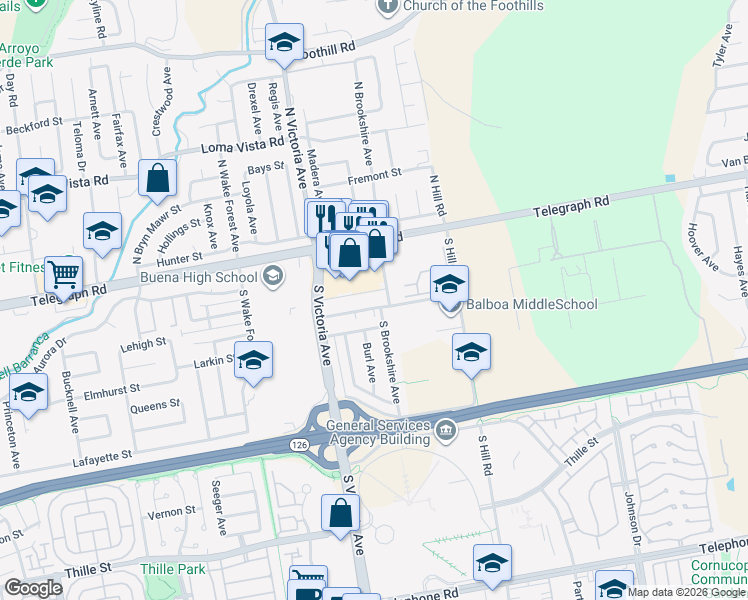 map of restaurants, bars, coffee shops, grocery stores, and more near 6073 Woodland Street in Ventura