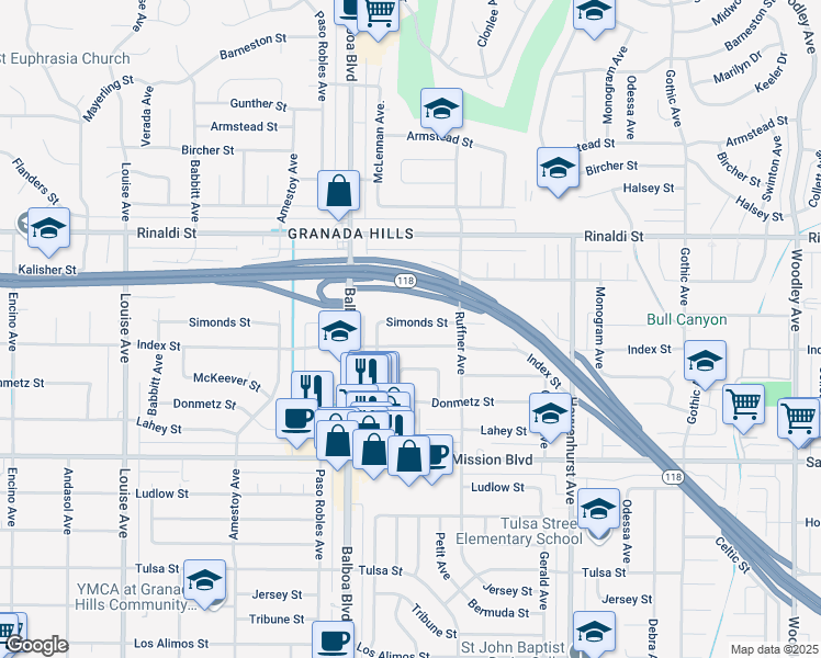 map of restaurants, bars, coffee shops, grocery stores, and more near 16901 Simonds Street in Los Angeles