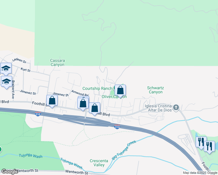 map of restaurants, bars, coffee shops, grocery stores, and more near 10161 Foothill Boulevard in Los Angeles