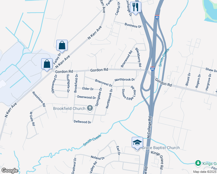 map of restaurants, bars, coffee shops, grocery stores, and more near 202 Northbrook Drive in Wilmington