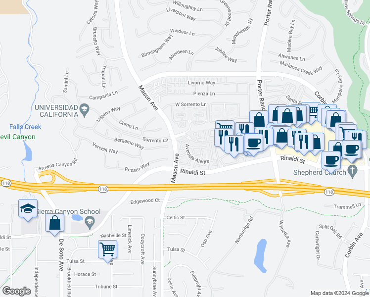 map of restaurants, bars, coffee shops, grocery stores, and more near 20422 Paseo Azul in Los Angeles