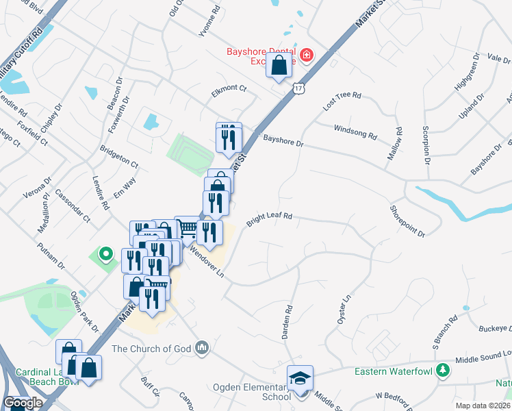 map of restaurants, bars, coffee shops, grocery stores, and more near 7504 Panel Court in Wilmington