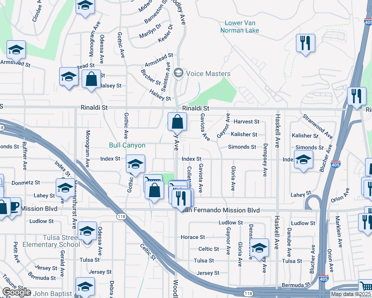 map of restaurants, bars, coffee shops, grocery stores, and more near 11323 Collett Avenue in Los Angeles