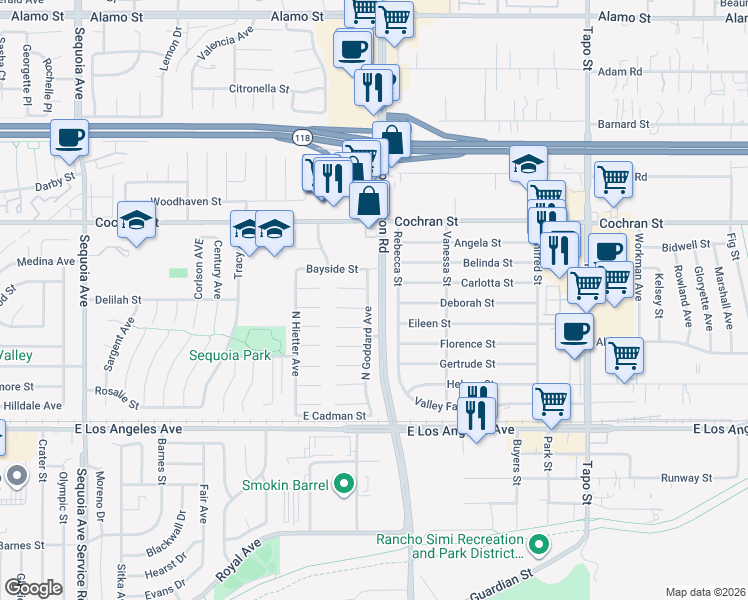 map of restaurants, bars, coffee shops, grocery stores, and more near 2250 North Goddard Avenue in Simi Valley