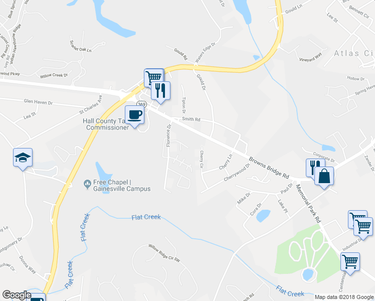 map of restaurants, bars, coffee shops, grocery stores, and more near 2870 Fox Wood Lane in Gainesville