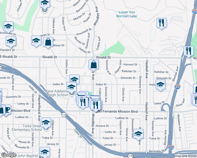 map of restaurants, bars, coffee shops, grocery stores, and more near 11321 Collett Avenue in Los Angeles