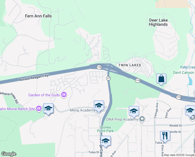 map of restaurants, bars, coffee shops, grocery stores, and more near 11401 California 27 in Los Angeles