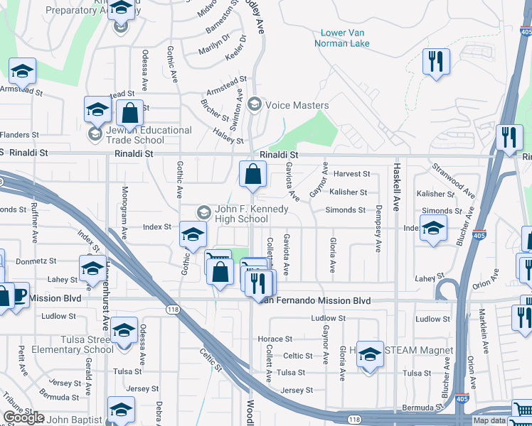 map of restaurants, bars, coffee shops, grocery stores, and more near 11323 Collett Avenue in Los Angeles
